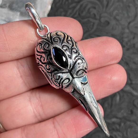 Raven or Crow Skull and Faceted Black Onyx Pendant - Picture 3 of 6